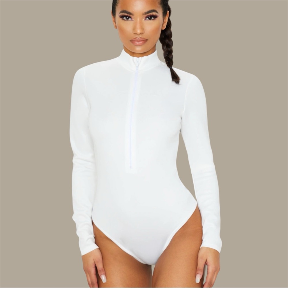 PrettyLittleThing White Zip-Up Bodysuit